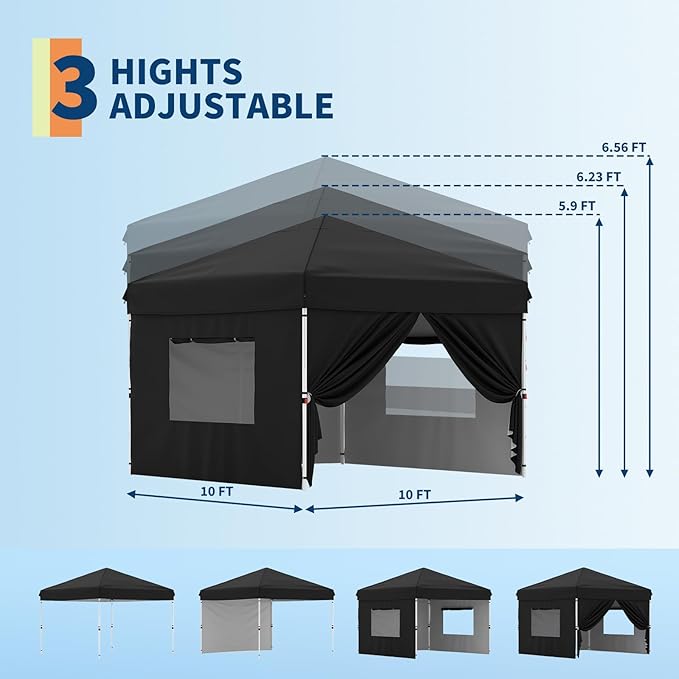 10x10 Pop Up Canopy Tent with 4 Removable Sidewall, Heavy Duty Commercial Instant Shelter with One-Person Setup, UPF 50+ Waterproof, 100 Sq Ft Shade for Outdoor Events, Camping, Farmers Market