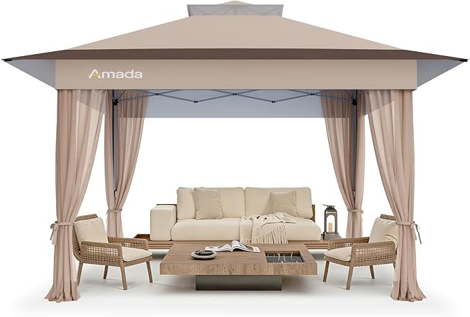 Amada 13x13 Pop Up Gazebo for Backyard & Patio Furniture,Gazebos on Clearance with Wheeled STO-N-Go Cover Bag,Carpa Pop Up Tent Party Tent and Shelter with Mosquito Netting for Lawn,Garden,Deck,Khaki