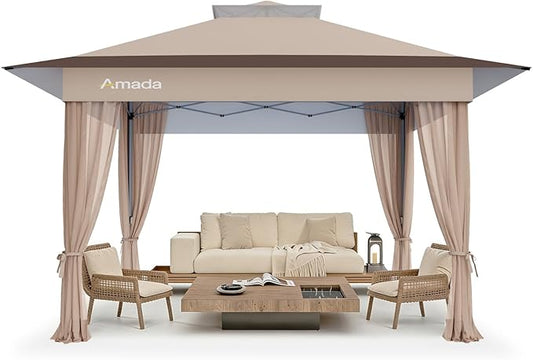 Amada 13x13 Pop Up Gazebo for Backyard & Patio Furniture,Gazebos on Clearance with Wheeled STO-N-Go Cover Bag,Carpa Pop Up Tent Party Tent and Shelter with Mosquito Netting for Lawn,Garden,Deck,Khaki