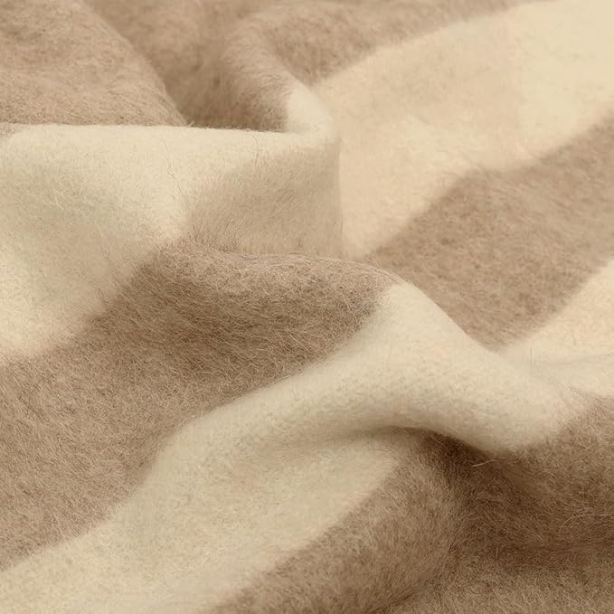 Thick Alpaca Wool Blanket Queen Size Heavyweight for Camping Outdoors or Using Indoors | Soft Peruvian Alpaca Wool Blankets (Beige - Ivory Stripes 2, Queen)