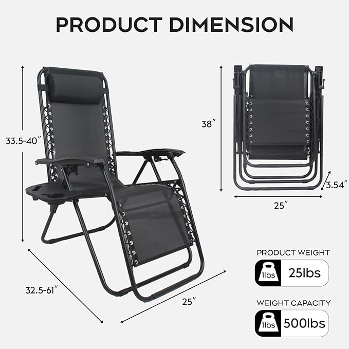 Set of 2 Adjustable Zero Gravity Lounge Chairs Outdoor Recliner w/Cup Holder Tray & Removable Pillows, Ergonomic Reclining Chair for Camping Patio Lawn Balcony (Black)