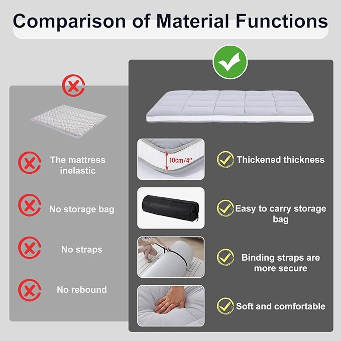 Tiita Futon Mattress 4” Thick Folding Roll Up Sleeping Pad with Bag & Strap, Bed Topper Mat for Guest, Lounger and Travel, Grey,Queen Size