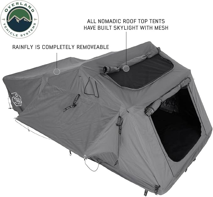 Extended Soft Shell Rooftop Tent, 2-Person - Overland Vehicle Systems HD Nomadic 2 - Grey Body & Green Rainfly