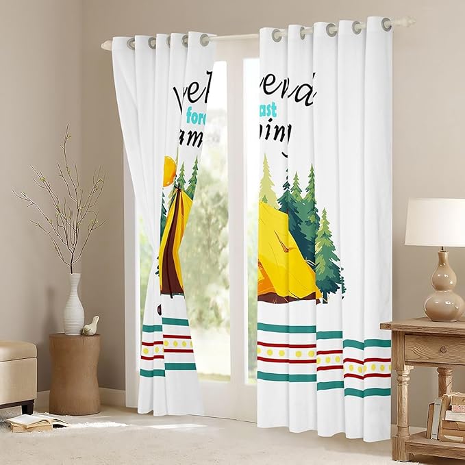 Happy Camping Adventure Window Drapes,Tent Bonfire Campfire Pine Nature Nursery Bedroom Playroom Decor,RV Camper Trailer Summer Girls Boys Room Decor,Rustic Green 2 Panels,42Wx90L inch