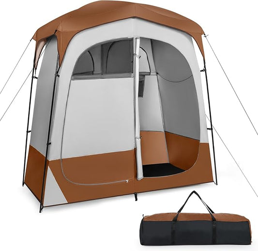Goplus 2 Room Shower Tent, Portable Camping Changing Shelter with Floor Drain,Detachable Rain Fly, Stakes & Ropes, UV Protection, Water Resistant Privacy Tent for Outdoor Toilet, Dressing (Coffe)