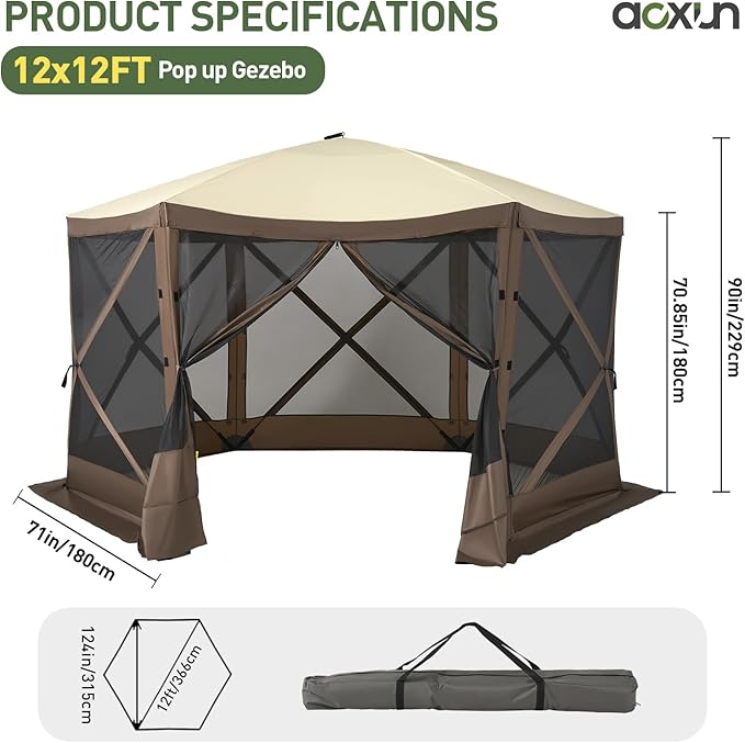 Aoxun 12x12FT Pop Up Canopy Tent, 6-Sided Pop-up Gazebo Screen Tent with Mesh Windows, Outdoor Canopy Shelter Tent with Carrying Bag, Large Shade Tents for Camping, Backyard, Patio, Lawn, Brown