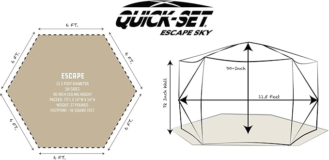 CLAM Quick-Set Escape Sky Camper 11.5’ x 11.5’ Pop-Up Outdoor Gazebo Instant Screen Tent 6-Sided Canopy Shelter w/Ground Stakes & Carry Bag, Brown