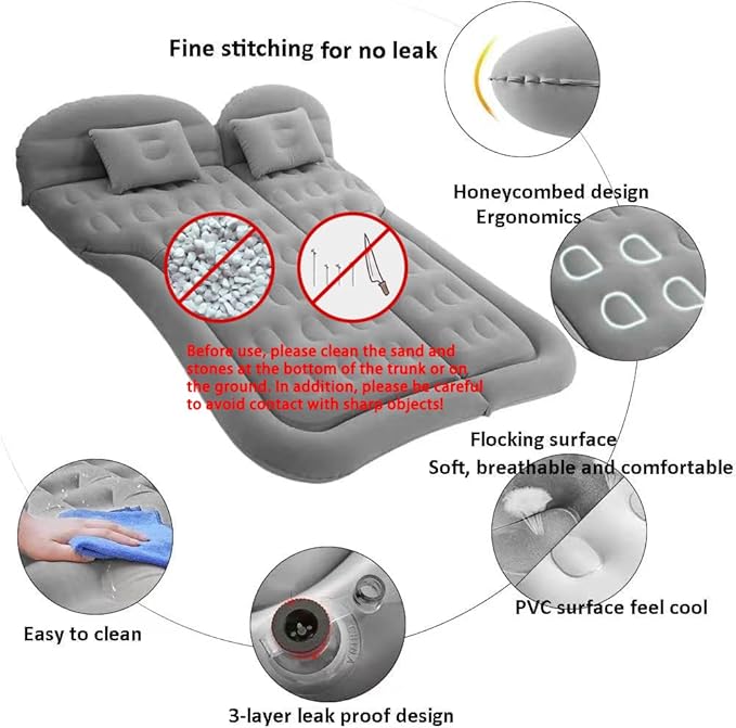 SAYGOGO SUV Air Mattress Camping Bed Cushion Pillow - Inflatable Thickened Car Air Bed with Air Pump Portable Sleeping Pad Mattress for Home Car Travel Camping Upgraded Version - Grey
