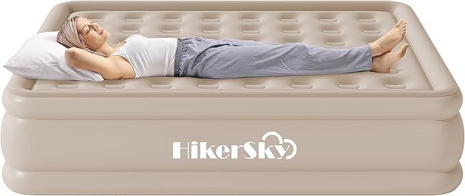Queen Air Mattress with Built-in Pump, Single Blow up Air Bed with Portable Storage Bag, Suitable for Home and Guests, Top Flocking, 18" Queen Khaki