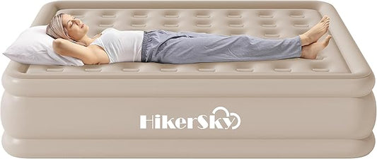 Queen Air Mattress with Built-in Pump, Single Blow up Air Bed with Portable Storage Bag, Suitable for Home and Guests, Top Flocking, 18" Queen Khaki