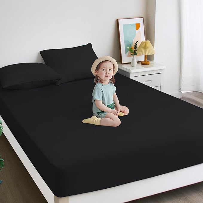 Biloban Twin Fitted Sheet 2 Pack, Twin Bedding Fitted Sheets Only with Deep Pocket up to 14", Bottom Sheet, Shrinkage & Stain Resistant Fitted Bed Sheets, Wrinkle Free & Easy Care, Black