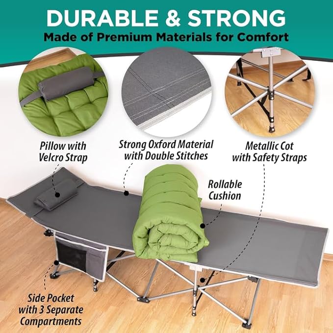 ZONETECH Folding Outdoor Camping Travel Cot and Cot Pad - Premium Quality Lightweight Portable Heavy Duty Adult & Kids Travel with Large Pocket and Cushion