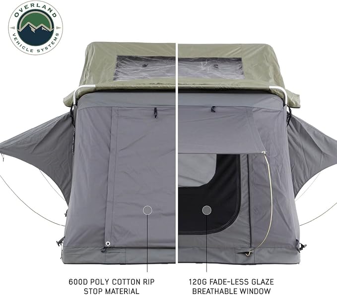 Extended Soft Shell Rooftop Tent, 2-Person - Overland Vehicle Systems HD Nomadic 2 - Grey Body & Green Rainfly
