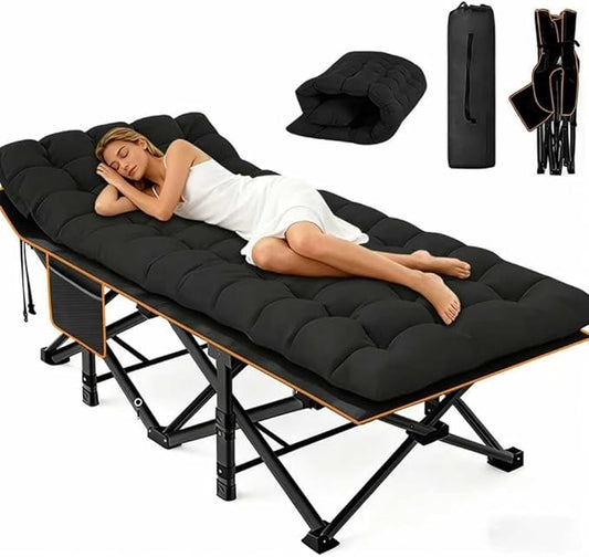 Comfortable and Soft Folding Bed, Portable Camping cot with Side Pockets and Mattress, Extra-Thick Oversized Folding Bed, Weight Capacity of 500/600/700 lbs (Black 700lbs)