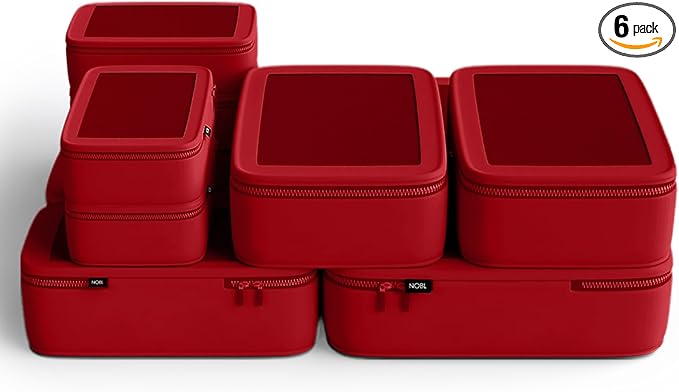 NOBL Travel Compressible Packing Cubes Set, 6 Pieces Travel Packing Organizers, Compression Luggage Cubes for Suitcases & Carry On, Space Saving - Cherry Red