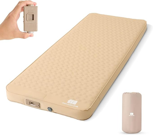 Self Inflating Sleeping Pad with Electric Pump, 4" Ultra-Thick Memory Foam Single Sleeping Mats, Easy Inflate& Deflate, 9.5 R-Value Insulated Camping Mattress Pad for Camping, Travel (Khaki)