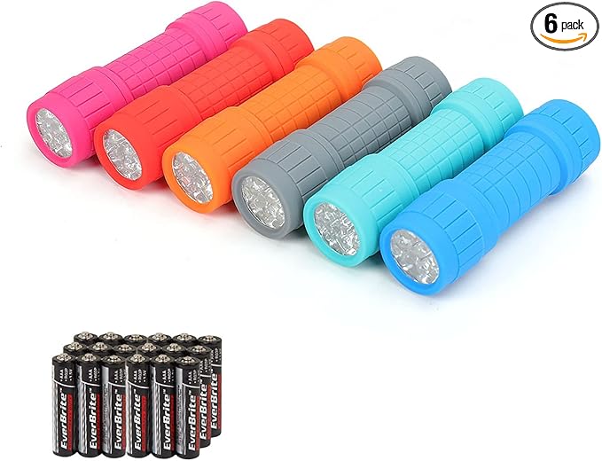 EverBrite 9-LED Flashlight 6-Pack Impact Handheld Torch Assorted Colors with Lanyard 3AAA Battery Included (Hurricane Supplies, Camping, Hiking, Emergency, Hunting)