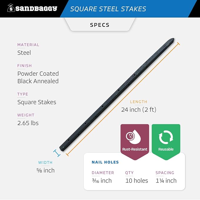 Sandbaggy Square Steel Concrete Form Stakes with Nail Holes - 5/8" Wide - Rust Resistant Coating - Removable, Reusable - Construction Grade Stakes (24 inch, 10)