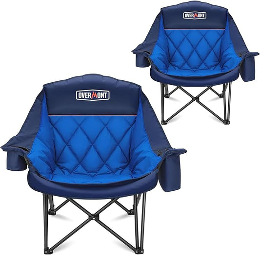 Overmont Oversized XL Camping Chair for Adults - 400lbs Support Heavy-Duty Padded Folding Chair with Side Pocket Cup Holder Cooling Bag for Outdoor Sports Garden Beach Fishing Lawn Blue 2pcs