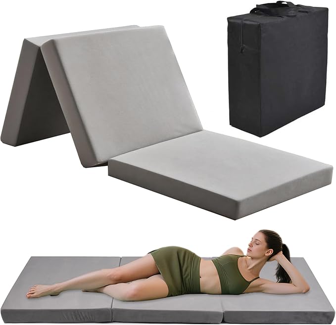 Folding Mattress, Trifold Memory Foam Mattress with Collapsible and Washable Cover, Camping, Fold Up Guest Bed, Travel and Guest Mat