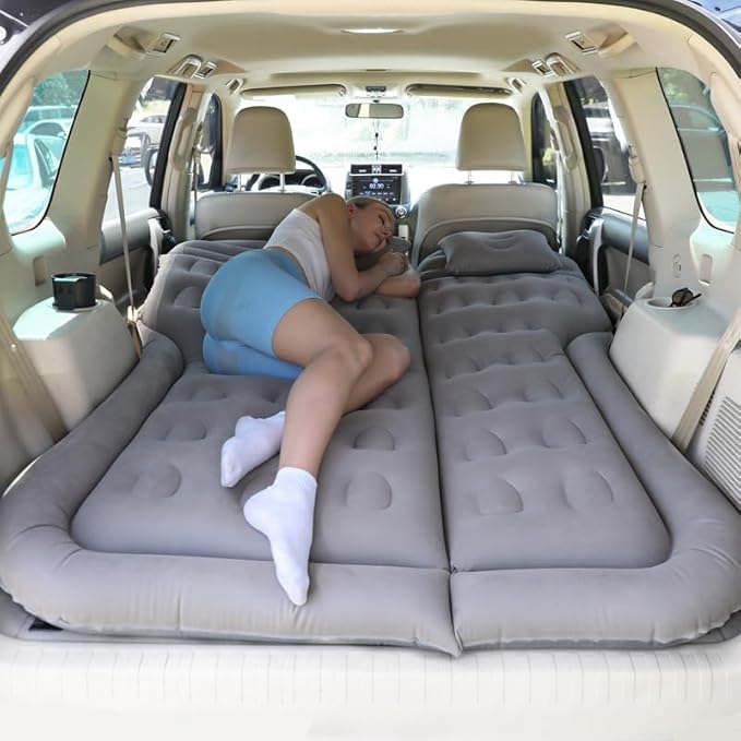 SUV Air Mattress Camping Bed Car Inflatable Mattress for Truck Backseat - Foldable Air Mattress with Flocking Surface and Pillows Portable Air Bed for Home Tent Camping Travel - Grey
