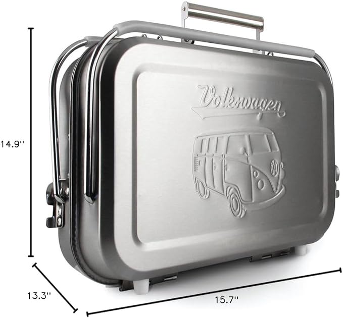 BRISA VW Collection - Volkswagen Portable Suitcase Grill with Grill Grate, Charcoal Catcher & Stainless Steel Handle in T1 Bus Design (Silhouette/Silver)