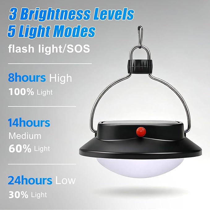 Portable Solar LED Camping Lantern, Lightweight & Compact 2000mAh Rechargeable Tent Light for Camping, Hiking, Backpacking, Fishing & Emergency Use, 350 Lumens, 5 Lighting Modes, IP67 Waterproof