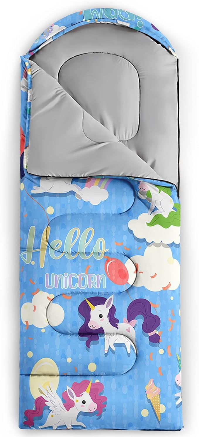Kids Sleeping Bag for Boys Girls,Cartoon Blue Unicorn Print-Lightweight Warm Portable Outdoor Indoor-Waterproof Cold Weather Resistant Sleeping Bag for Camping Hiking