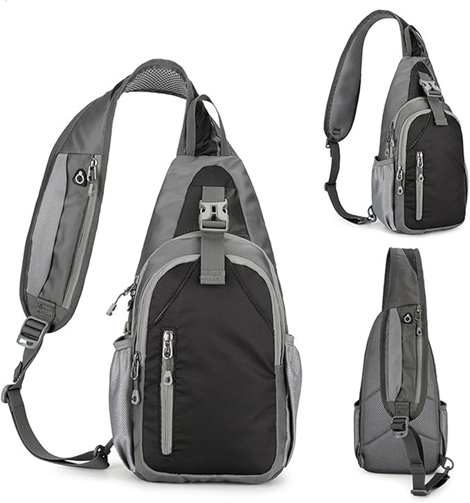 Sling Bag for Mens Crossbody Bag Travel Sling Backpack Hiking Daypack Chest Bag Shoulder Bag, Large Cross Body Bag with Chest Phone Holder Black&Grey