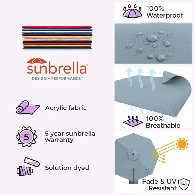 Midtown Umbrellas The Grande Round 10 FT Outdoor Cantilever Patio Umbrella w/Sunbrella Canvas Haze Acrylic Fabric - 8 Rib Aluminum Frame Offset w/Tilt And 360° Rotate Pedal System - Silver Frame