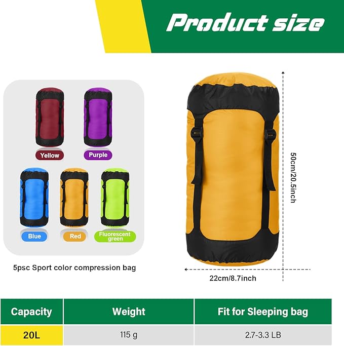 5 Pcs Compression Sacks for Backpacking 20L Camping Sleeping Bag Stuff Sacks for Backpacking Water Resistant Sleeping Bag Storage Sack for Space Saving Hiking Gear