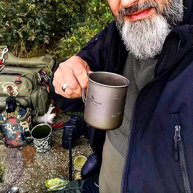 iBasingo Titanium Mug 200ml & 300ml & 450ml Backpacking Tea Coffee Water Cup with Lid & Foldable Handle Outdoor Camping Pot Ultralight Portable Hiking Picnic Cooking Kit Ti3046D