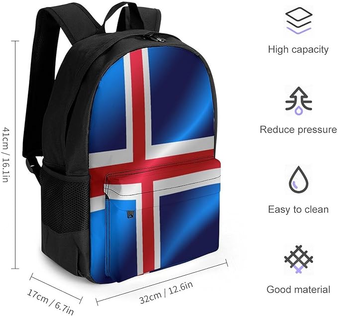 Polyester Daypack Backpack for Climbing Outdoors Running, Big Capacity Multipurpose Anti-Theft Bookbag, Flag Of Iceland Travel Hiking Camping Rucksack