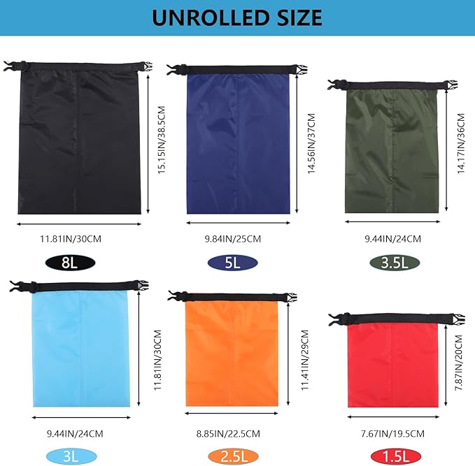 Pimoys 6 Pack Waterproof Dry Bags, Lightweight Outdoor Dry Sacks Ultimate Dry Bags for Kayaking Rafting Boating Camping (1.5L, 2.5L, 3L, 3.5L, 5L, 8L)