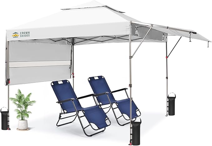 CROWN SHADES 10x10 Pop up Canopy Tent Patended Centerlock Instant Commercial Canopy with 150D Silver Coated Fabric Including 2 Extend Awnings, 4 Ropes, 8 Stakes, 4 Weight Bags, STO 'N Go Bag, White