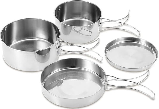 Camping Pots Pans, 4Pcs Portable Foldable Stainless Steel Combination Pot Cookware Set Camping Kitchenware Picnic Outdoor Pan Pot Plate Tableware Backpacking Gear for Camping Hiking Picnic