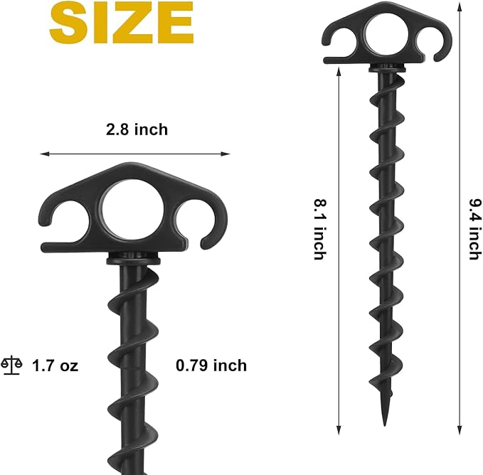 Tent Stakes Ground Anchors Screw in, 6 Pack Sand Stakes for Beach 9.4 Inch Heavy Duty Spiral Tent Pegs for Camping, Party, Hiking, Outdoor Decoration (6, Black)
