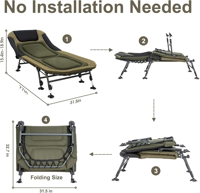 XXL Camping Cots for Adults 330Lbs with Carry Bag, Heavy Duty Folding Bed with Soft Padded Cushion, Portable Sleeping Cot for Hunting, 180° Adjustable Reclining Outdoor Lounger