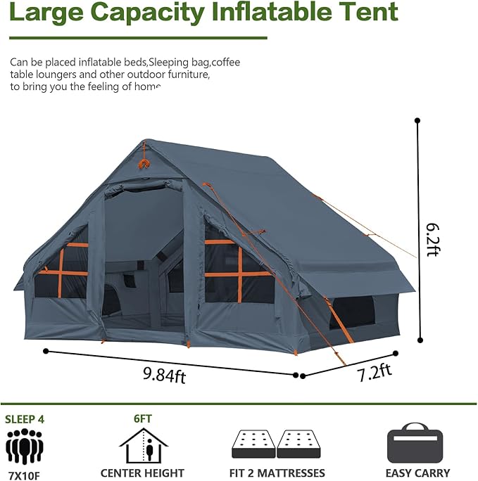 Inflatable Camping Tent,2/4/6/8 Person Glamping Inflatable Tents with Awning, Quick Setup Blow Up Tents with Pump, Waterproof Oxford Inflatable House for Camping, Air Glamping Hot Tents for Adult