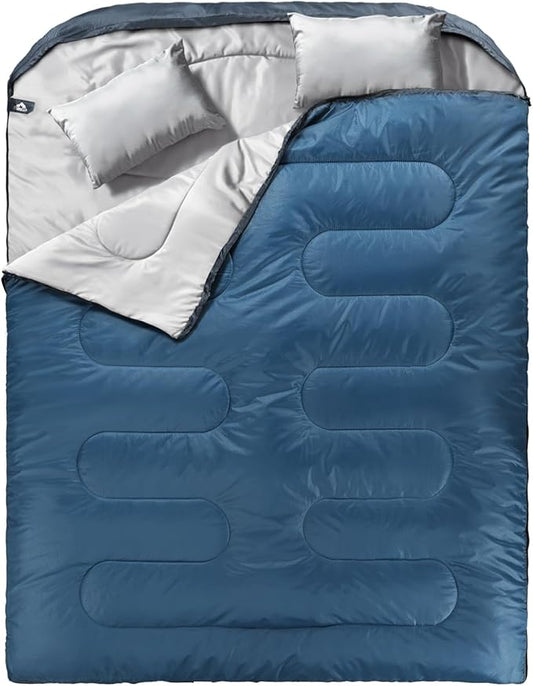 MEREZA Double Sleeping Bag for Adults Mens with Pillow, XL Queen Size Two Person Sleeping Bag for All Season Camping Hiking Backpacking 2 Person Sleeping Bags for Cold Weather & Warm