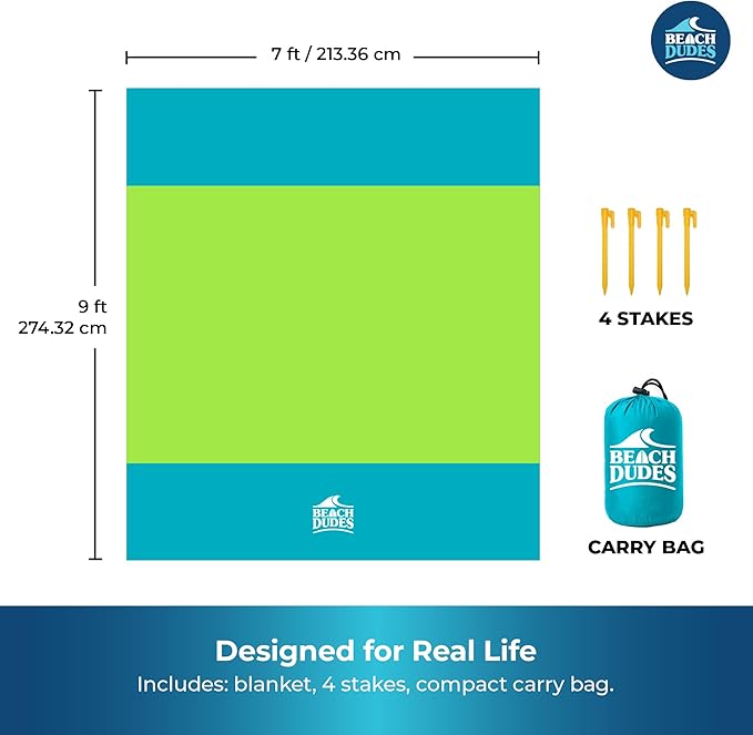 Sandproof Waterproof Beach Blanket Extra Large 108"x 84", Mat for Family, Quick Dry Ripstop Nylon Lightweight, Compact for Travel, Picnic, Camping w/ 4 Anchor Stakes and Carry Bag