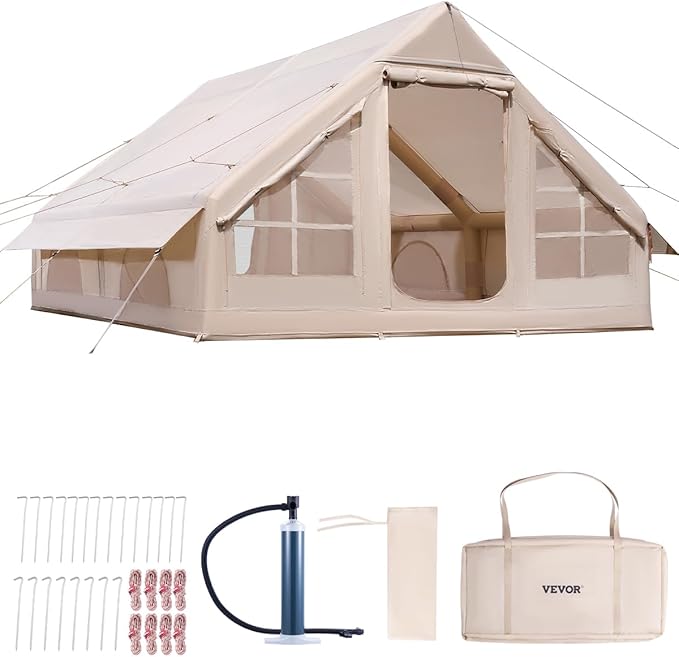 VEVOR Inflatable Tents for Camping, Easy Setup Blow up Tent with Hand Pump, 4 Season Glamping Tent with Stove Jack, Doors & Mesh Windows, Storage Bag Included for Easy Taking