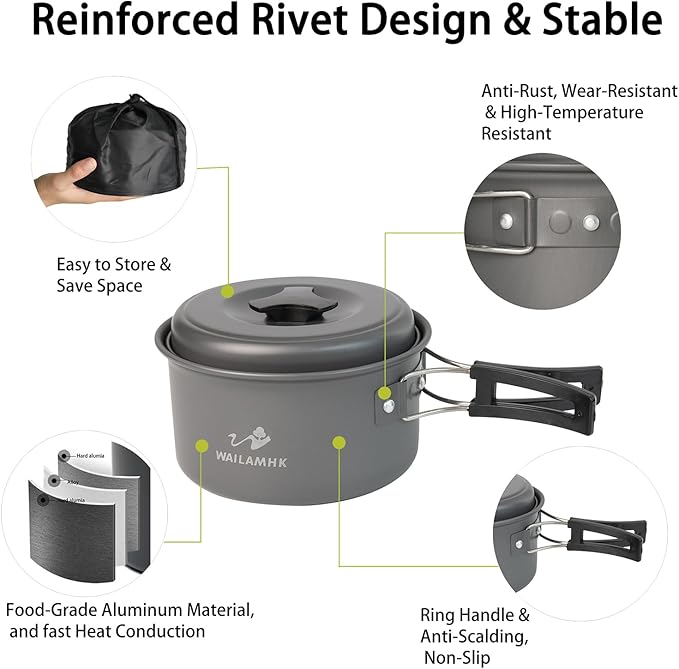 Camping Cookware Mess Kit, 13 pcs Backpacking Cookware Set, Lightweight Camping Pots and Stove Set for 1-2 Person, Outdoor Cooking Gear Ideal for Camping, Hiking, Backpacking and Picnic