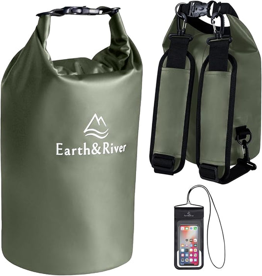 EARTH&RIVER Premium Waterproof Dry Bag Backpack, Extra Thick, Protection for All Water Activities & camping, Floating Lightweight Dry Bag & IPX8 Waterproof Phone Case (Army Green, 5L)