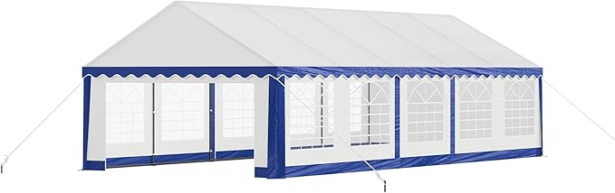 AMERLIFE 16 x 32 FT Party Tent with Rolled Sidewalls, Heavy Duty Wedding Tent for Party Outside with Zinc Alloy Tube & Spiral Stakes, Waterproof Event Shelters, White & Blue