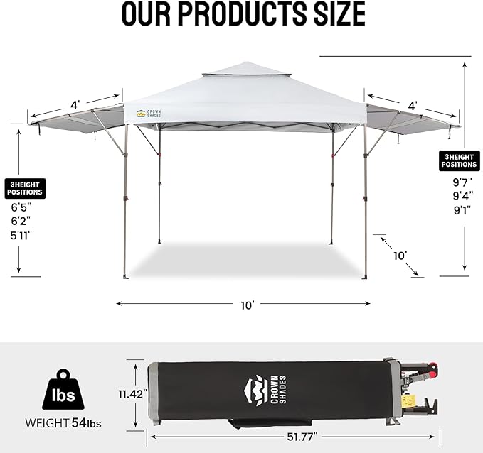CROWN SHADES 10x10 Pop up Canopy Tent Patended Centerlock Instant Commercial Canopy with 150D Silver Coated Fabric Including 2 Extend Awnings, 4 Ropes, 8 Stakes, 4 Weight Bags, STO 'N Go Bag, White