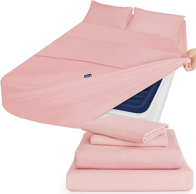 Flannel Sheets Queen Size - 100% Cotton Flannel - 4 Piece Queen Flannel Sheet Set - Brushed for Extra Softness Fits 16in to 24in Pillow Top Air Bed Mattress - Pink