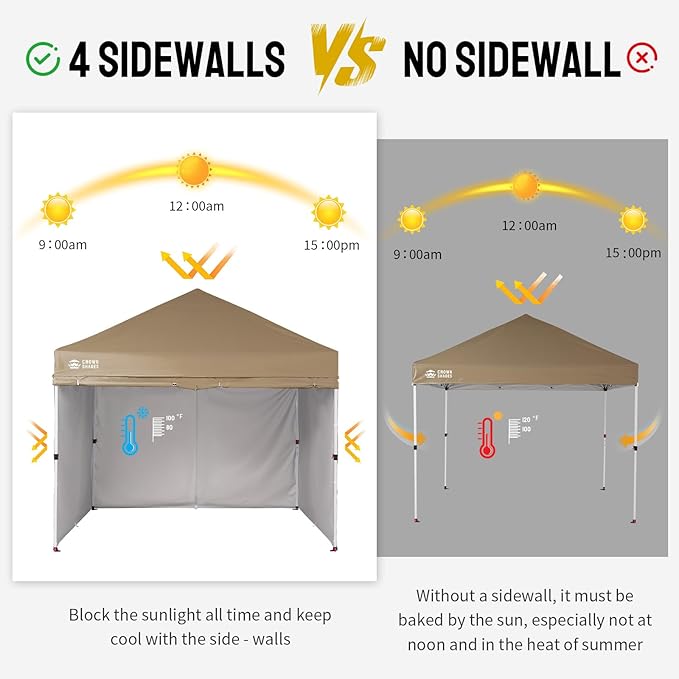 CROWN SHADES 10X10 Commercial Instant Canopy Pop Up Tent with Center Lock, 300D Fabric, 4 Sidewalls, Sto'N Go Bag, Beige