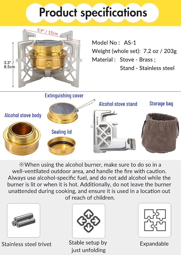 CAMPINGMOON Alcohol Stove Brass Stainless Steel Mini for Backpacking Hiking Rack Cross Stand AS-1