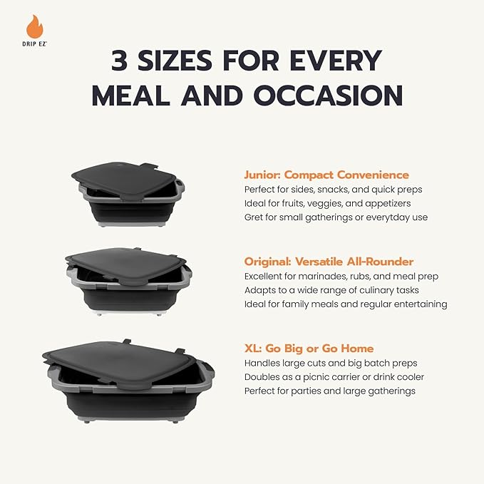 Drip EZ Collapsible BBQ Prep Tubs 2-Piece Set- For Meal Prep Marinating Food Storage - Includes Cutting Board & Lid - (2) XL - Orange